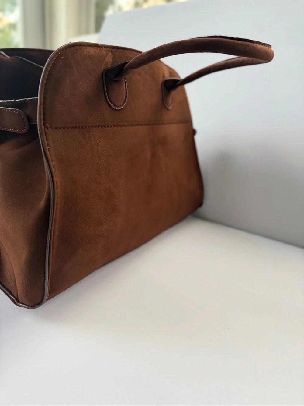 Woman’s Brown Faux-Suede Satchel Top-Handle Bag w/Buckle Accent & Magnet Closure